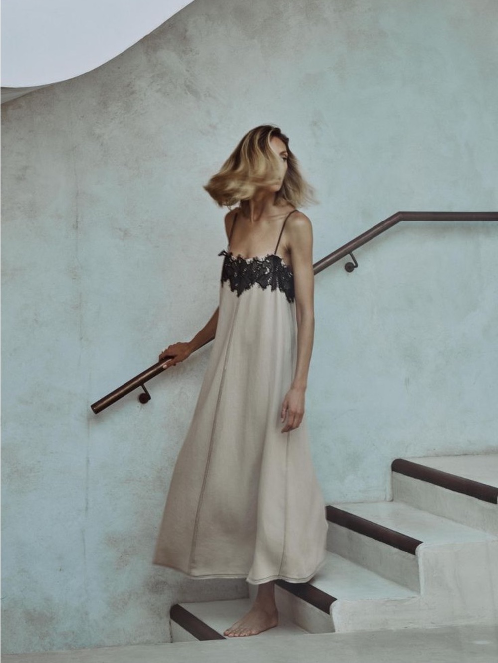 Zara Beige Maxi Slip Linen Blend Dress with Black Lace Trim XS